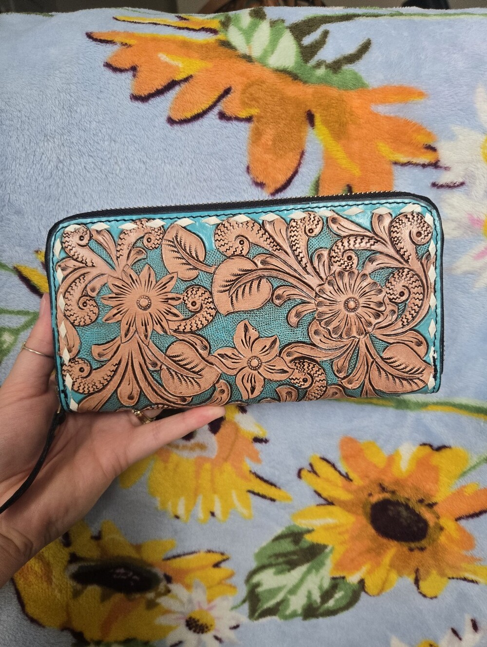 Western Tooled Leather Zip Wallet